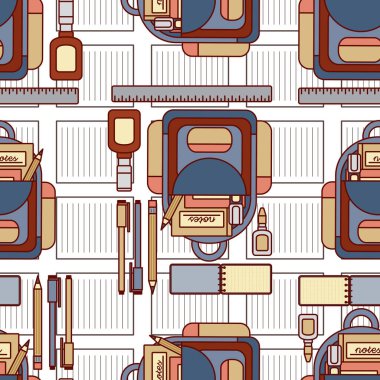 Okul ve ofis ile ilgili, sırt çantası, kalem, kalem ve diğerleri gibi kusursuz desenli bir tasarım olarak eğlenceli bir illüstrasyon. 