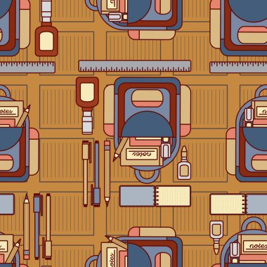 Okul ve ofis ile ilgili, sırt çantası, kalem, kalem ve diğerleri gibi kusursuz desenli bir tasarım olarak eğlenceli bir illüstrasyon. 