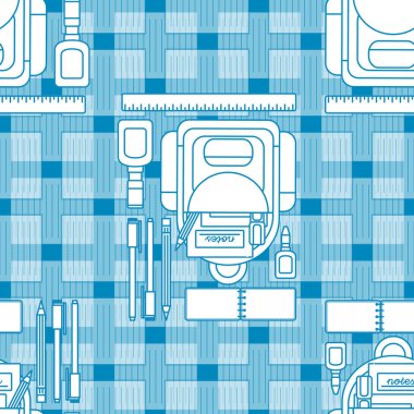 Okul ve ofis ile ilgili, sırt çantası, kalem, kalem ve diğerleri gibi kusursuz desenli bir tasarım olarak eğlenceli bir illüstrasyon. 