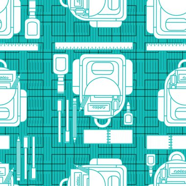 Okul ve ofis ile ilgili, sırt çantası, kalem, kalem ve diğerleri gibi kusursuz desenli bir tasarım olarak eğlenceli bir illüstrasyon. 