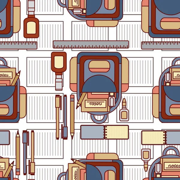 Okul ve ofis ile ilgili, sırt çantası, kalem, kalem ve diğerleri gibi kusursuz desenli bir tasarım olarak eğlenceli bir illüstrasyon. 