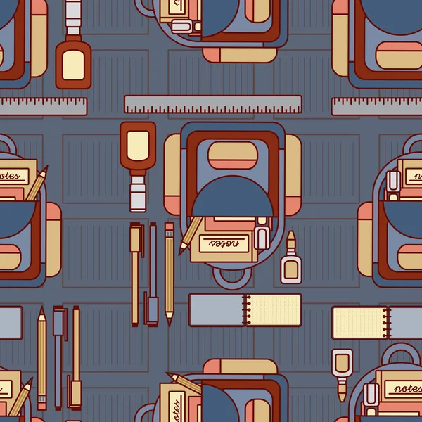 Okul ve ofis ile ilgili, sırt çantası, kalem, kalem ve diğerleri gibi kusursuz desenli bir tasarım olarak eğlenceli bir illüstrasyon. 