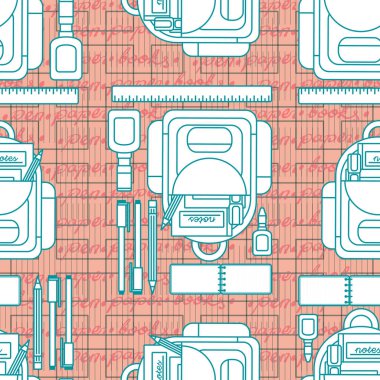 Okul ve ofis ile ilgili, sırt çantası, kalem, kalem ve diğerleri gibi kusursuz desenli bir tasarım olarak eğlenceli bir illüstrasyon. 