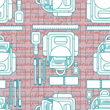 Okul ve ofis ile ilgili, sırt çantası, kalem, kalem ve diğerleri gibi kusursuz desenli bir tasarım olarak eğlenceli bir illüstrasyon. 