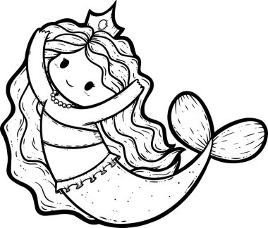 Çeşitli yüzme pozlarında pembe ve mor bir deniz kızının çizimi. Taçlı ve pembe inci kolyeli bir denizkızı içeren kusursuz bir yüzey dizaynı. Chibi, kawaii deniz kızı.