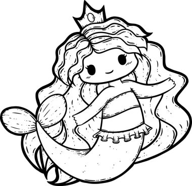 Çeşitli yüzme pozlarında pembe ve mor bir deniz kızının çizimi. Taçlı ve pembe inci kolyeli bir denizkızı içeren kusursuz bir yüzey dizaynı. Chibi, kawaii deniz kızı.