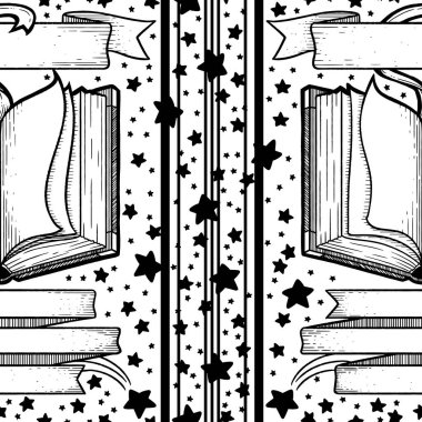 Çiçekli arka planı olan açık bir kitabın güzel bir çizimi. Kusursuz bir yüzey deseni tasarımı olarak tuhaf bir dijital çizgi çizimi.