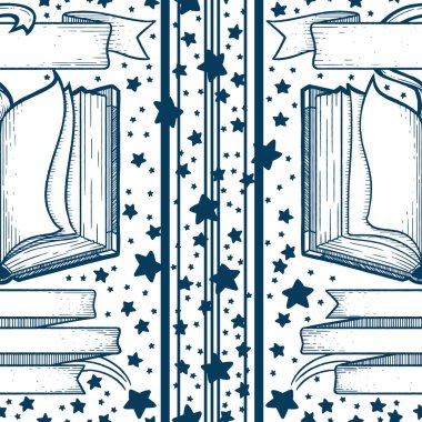 Çiçekli arka planı olan açık bir kitabın güzel bir çizimi. Kusursuz bir yüzey deseni tasarımı olarak tuhaf bir dijital çizgi çizimi.