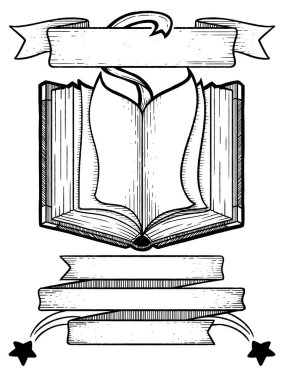Çiçekli arka planı olan açık bir kitabın güzel bir çizimi. Garip bir sanat çizgisi çizimi. Boyama kitabı / sayfa olarak kaprisli bir sanat illüstrasyonu. Tüm aile için eğlenceli bir etkinlik..