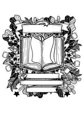 Çiçekli arka planı olan açık bir kitabın güzel bir çizimi. Tuhaf bir sanat tasviri..