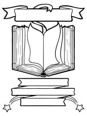 Çiçekli arka planı olan açık bir kitabın güzel bir çizimi. Garip bir sanat çizgisi çizimi. Boyama kitabı / sayfa olarak kaprisli bir sanat illüstrasyonu. Tüm aile için eğlenceli bir etkinlik..