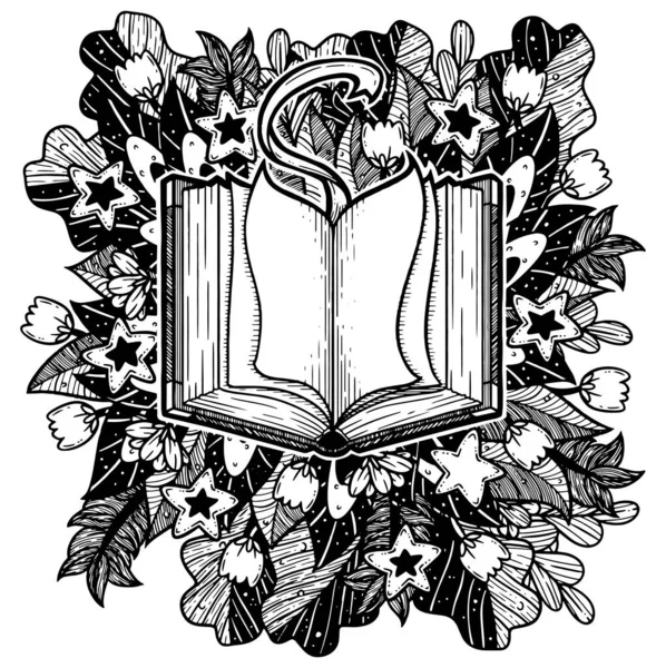Прекрасна Ілюстрація Відкритої Книги Квітковим Тлом Примхлива Лінія Ілюстрація Мистецтва — стоковий вектор