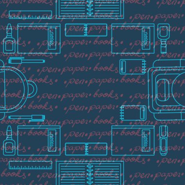 Okul ve ofis ile ilgili, sırt çantası, kalem, kalem ve diğerleri gibi kusursuz desenli bir tasarım olarak eğlenceli bir illüstrasyon. 