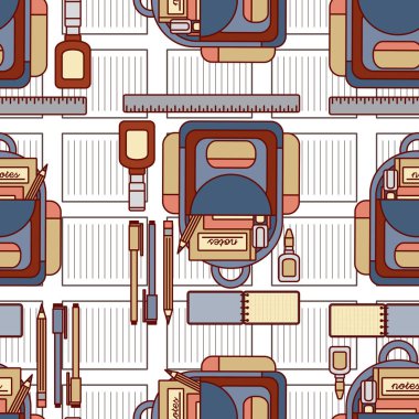 Okul ve ofis ile ilgili, sırt çantası, kalem, kalem ve diğerleri gibi kusursuz desenli bir tasarım olarak eğlenceli bir illüstrasyon. 