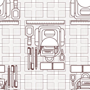 Okul ve ofis ile ilgili, sırt çantası, kalem, kalem ve diğerleri gibi kusursuz desenli bir tasarım olarak eğlenceli bir illüstrasyon. 
