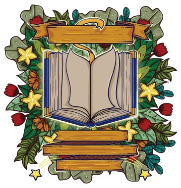 Çiçekli arka planı olan açık bir kitabın güzel bir çizimi. Sevimli ve zarif bir grafik tasarımı. Bu geleneksel bir çalışmanın vektörel görüntüsü..