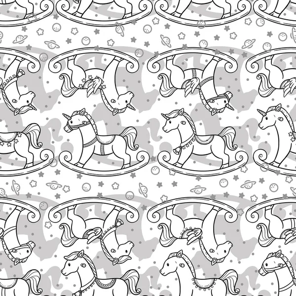 多くの異なる形で馬をロッキングのキュートで愛らしいシームレスなパターンデザイン — ストックベクタ