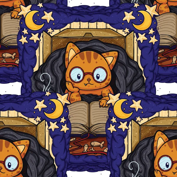 A cute seamless surface pattern design of a cat inside a box covered in blanket reading a book. Accompanied by a steaming cup of coffee or tea. A cozy kitty in a blankie. An adorable illustration of a cute kitty in a blankie.