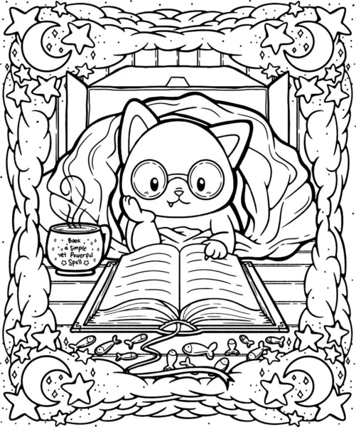 Cute Line Art Illustration Cat Box Covered Blanket Reading Book — Stockový vektor