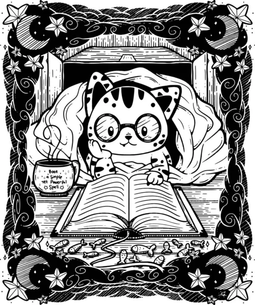 Cute Line Art Illustration Cat Box Covered Blanket Reading Book — стоковый вектор