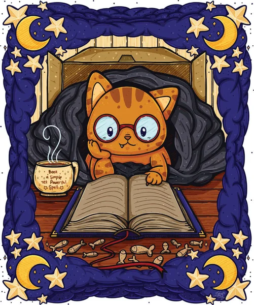 Cute Line Art Illustration Cat Box Covered Blanket Reading Book — Stockový vektor