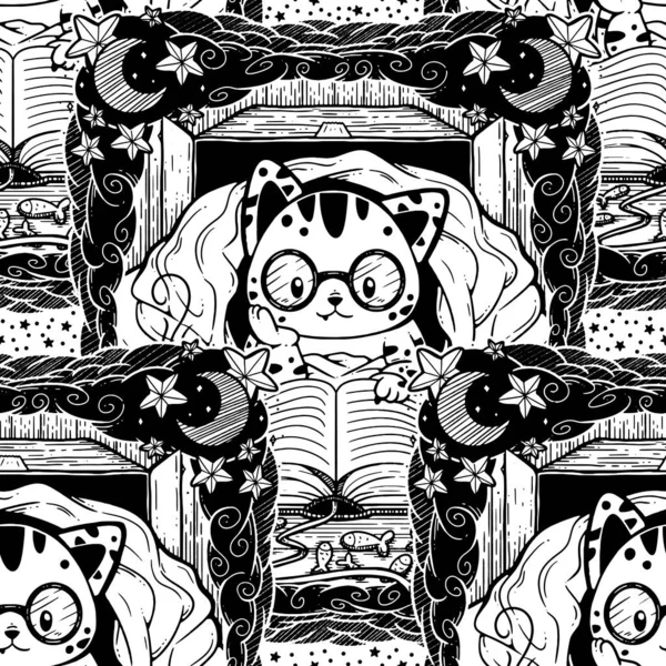 Симпатичный Дизайн Бесшовной Поверхности Кота Внутри Коробки Покрытой Одеялом Читающего — стоковый вектор