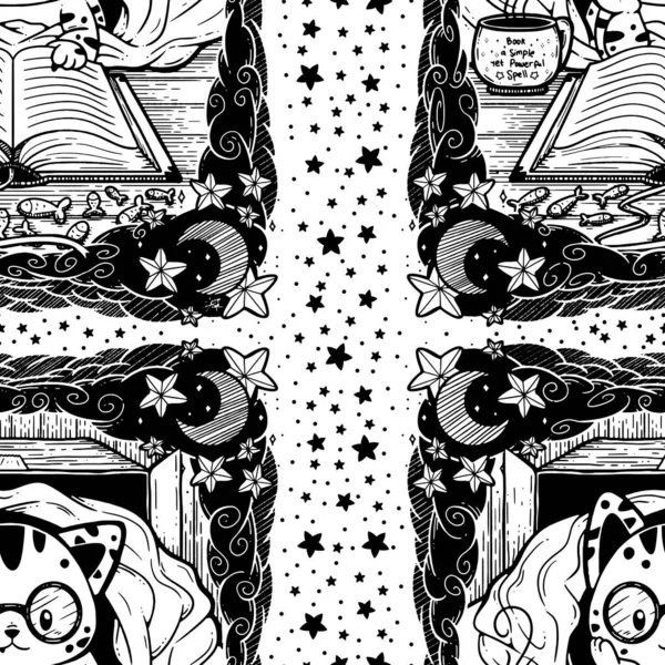 Милий Безшовний Дизайн Поверхні Кота Всередині Коробки Покритого Ковдрою Читає — стоковий вектор