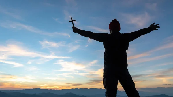 Penyaliban Yesus Kristus Saat Matahari Terbit Siluet Tiga Salib Bukit — Stok Foto