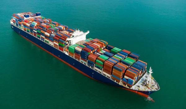 Stort Containerfartyg Till Sjöss Vid Ankaret Flygfoto Bild Drönare Stockfoto