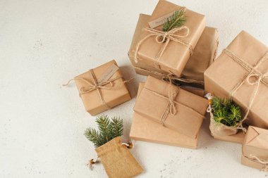 Noel ve sıfır atık, çevre dostu ambalaj. Sürdürülebilir etik, plastiksiz yaşam tarzı. Üst Manzara. Düz yat. Yüksek kalite fotoğraf