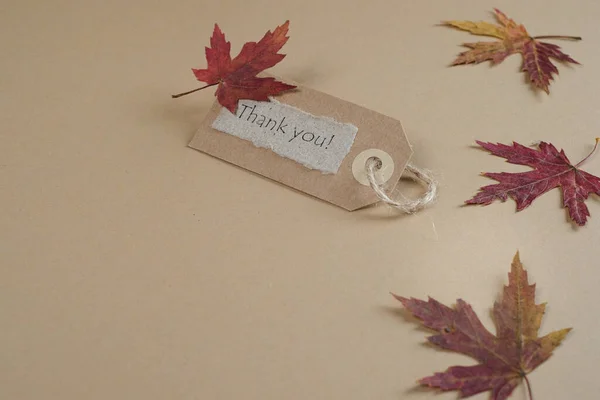 Thanksgiving Day Inscription Thank You Decorated Leaf Beige Background High — Stock Photo, Image