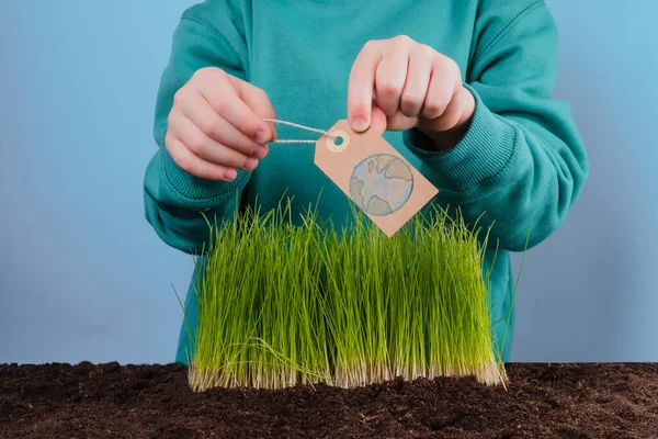 Barnens Händer Håller Tagg Dras Planeten Jorden Bakgrund Grönt Gräs — Stockfoto