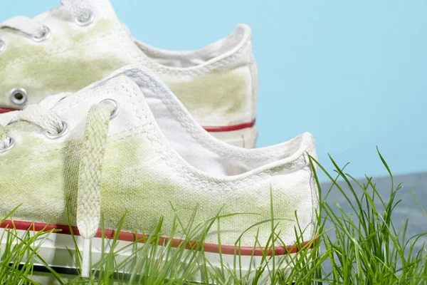 Freizeitschuhe Grasflecken Alltagskultur Raum Für Text Vereinzelt Auf Blauem Hintergrund — Stockfoto