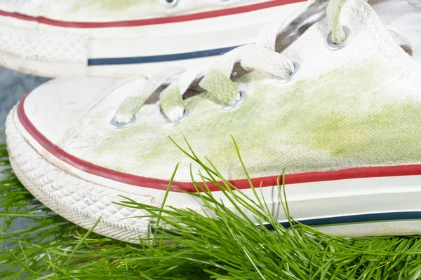 Fechar Sapatos Brancos Casuais Manchas Grama Suja Conceito Mancha Vida — Fotografia de Stock