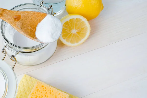 Open Jar Baking Soda Wooden Spoon Top Vinegar Cut Lemon — Stock Photo, Image