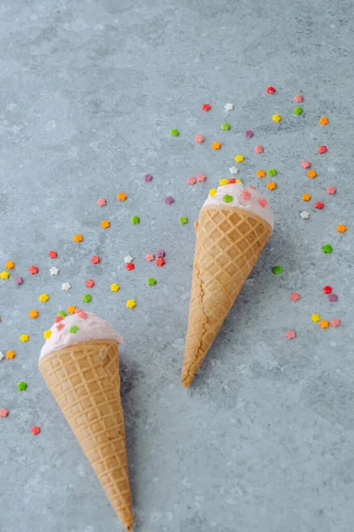 Strawberry Pink Ice Cream Horn Sprinkle Colored Stars Gray Background — Stock Photo, Image