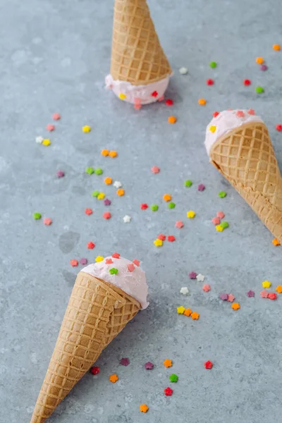 Pink Ice Cream Ball Horn Sprinkle Colored Stars Gray Background — Stock Photo, Image