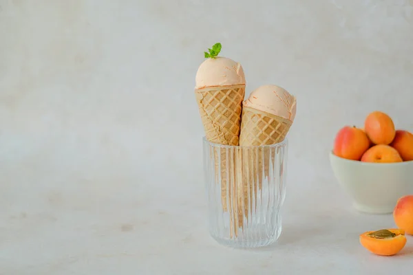 Creamy Vegan Apricot Ice Cream Horn Glass Space Text High — Stock Photo, Image