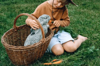 A child feeds a rabbit with carrots while sitting on a green lawn next to a basket space for text. outdoor.