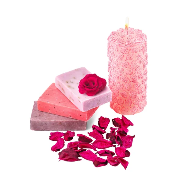 Spa setting with soap, rose candle and rose — Stock Photo, Image
