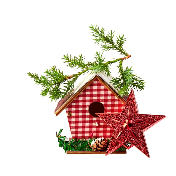 Christmas Decoration (star,birdhouse, a branch of spruce) isolat — Stock Photo, Image