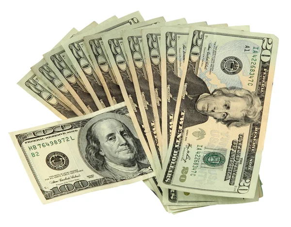 20 Dólares Contas com uma nota de 100 dólares — Fotografia de Stock