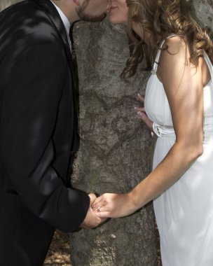 evlilik çift ağaç kalp ile öpüşme