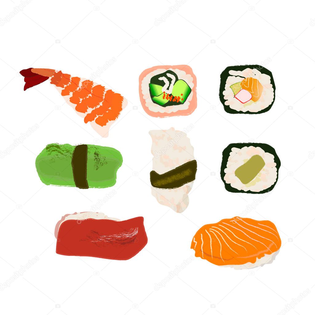 Sushi rolls or sushi japanese chinese fast food shop design with vector illustration isolated on white. Chinese sushi set.