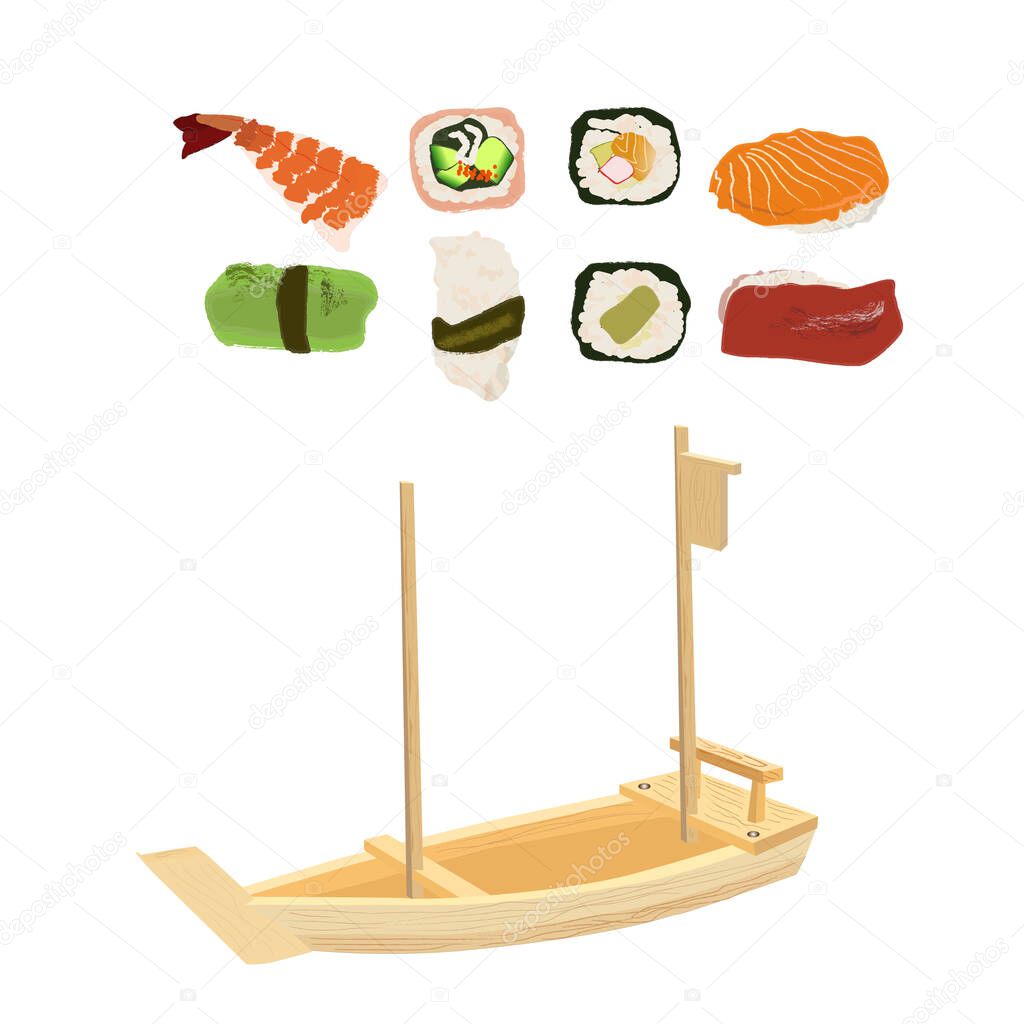 Sushi set with wooden boat or sushi japanese chinese fast food shop assortsment vector illustration isolated on white. Chinese sushi cafeteria set.