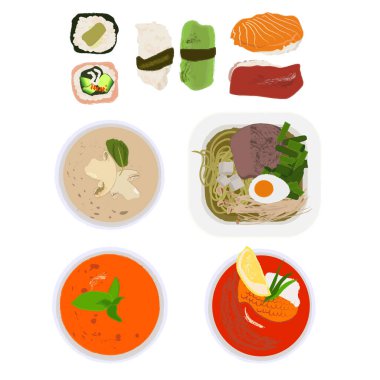 Çin mutfağı, çorba, suşi, Asya sokak yemekleri, Tayland yemekleri, Japon yemekleri, restoran vektör çizimleri için Çin yemeği. Çorba kaselerinin doğu menüsünü pişiriyorum..