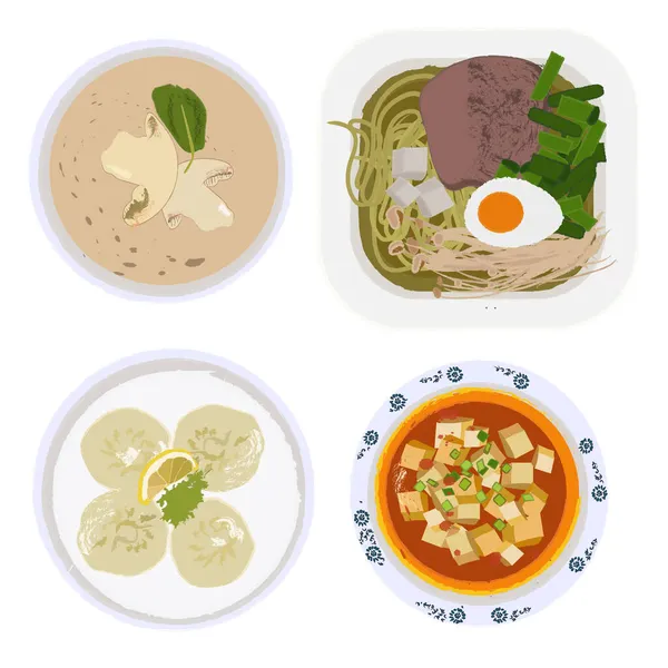 Chinese cuisine, ramen soup, dim sum and tofu asian street food, thai food, japanese food, chinese meal for restaurant vector illustration set. Cooking oriental menu of soup bowls. — Stock Vector