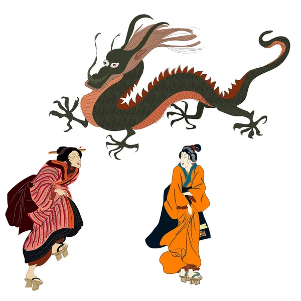 Dragon chinois et geisha femme en kimono, illustration vectorielle de la culture traditionnelle asiatique. Ancré symbole chinois de la nouvelle année en Chine. — Image vectorielle