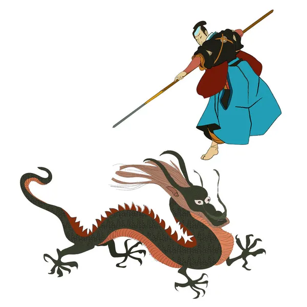 중국 드래곤 과 사무라이는 아시아의 전통 문화 벡터 그림입니다. 중국에서 성탄절을 상징하는 인어. — 스톡 벡터