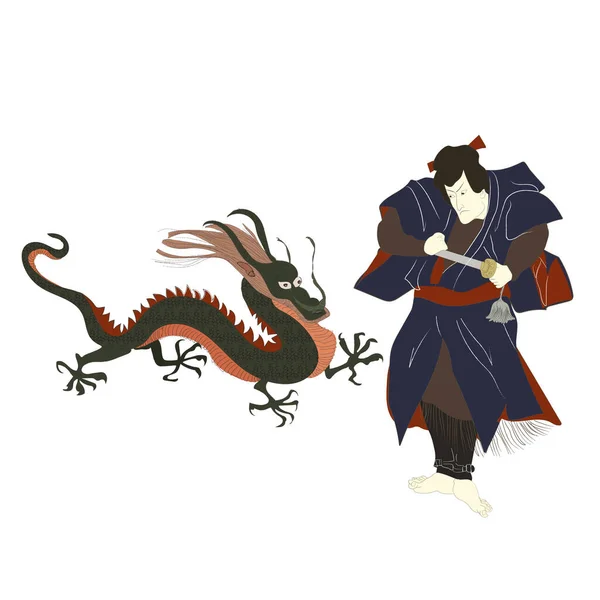 중국 드래곤 과 사무라이, 중국의 새해 벡터 일러스트에 힘의 전통적 인 아시아인 문화 상징. — 스톡 벡터